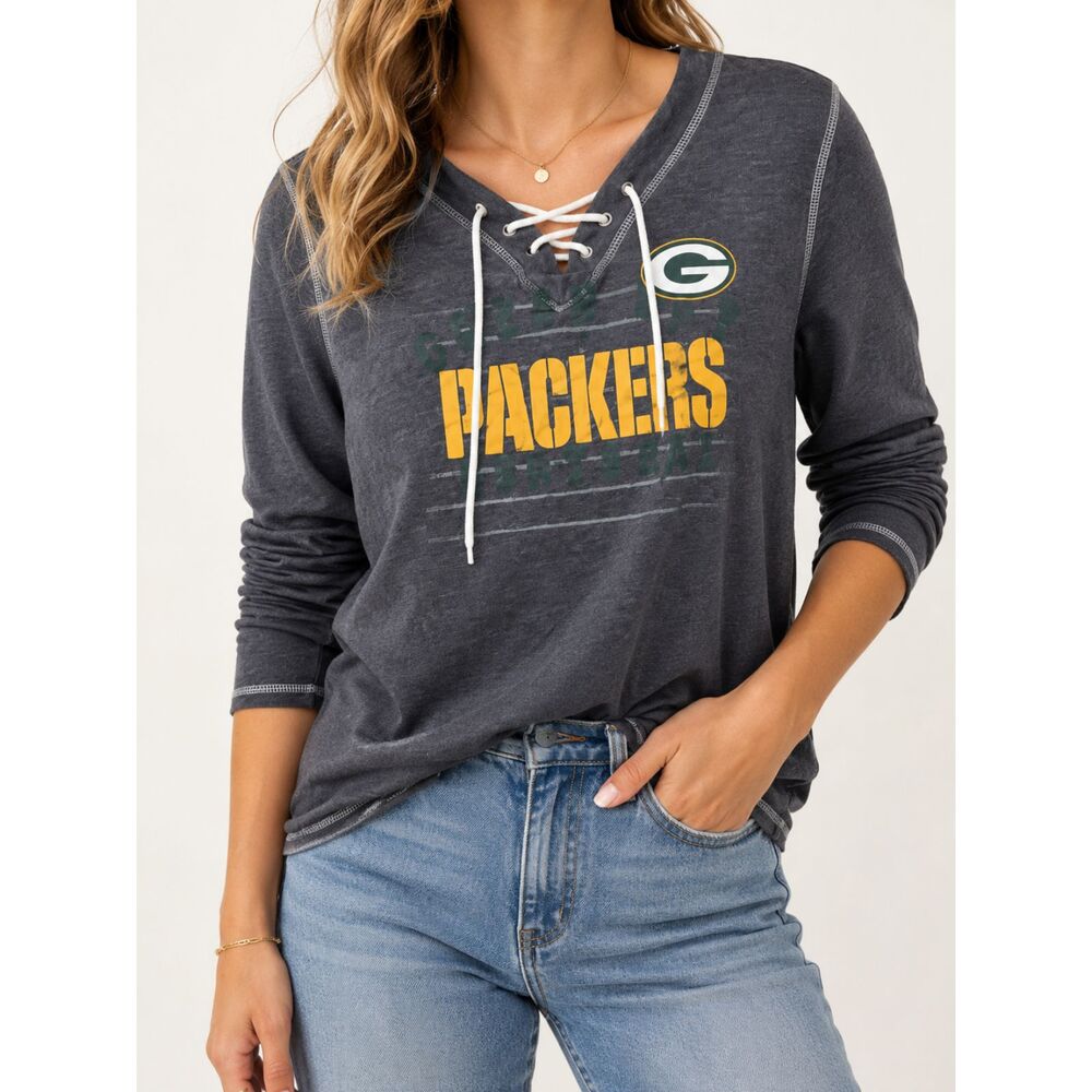 Green Bay Packers Lace Up Long Sleeve Shirt Women's XL NFL Team Apparel Gray